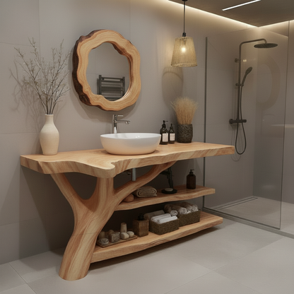 Organic Modern Solid Wood Bathroom Vanity with Tree-Trunk Base and Multi-Level Shelving