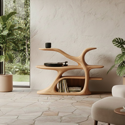 Organic Sculptural Turntable Console in Branch-Flow Solid Wood Design
