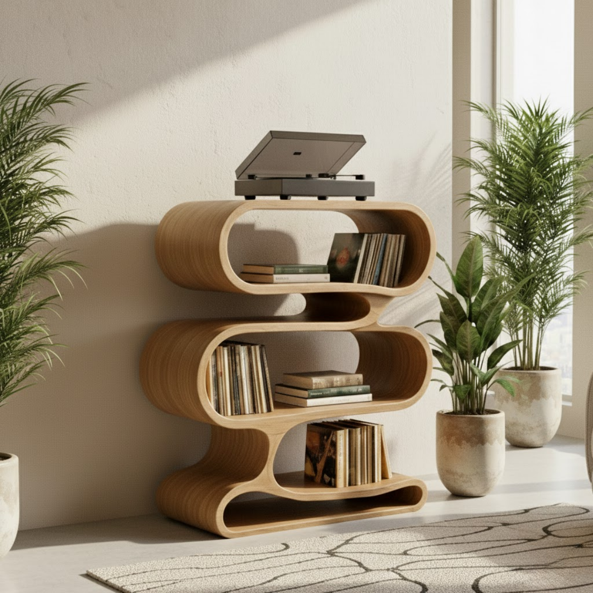 Organic Loop-Form Solid Wood Turntable Cabinet with Layered Vinyl Storage
