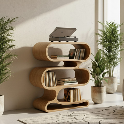 Organic Loop-Form Solid Wood Turntable Cabinet with Layered Vinyl Storage
