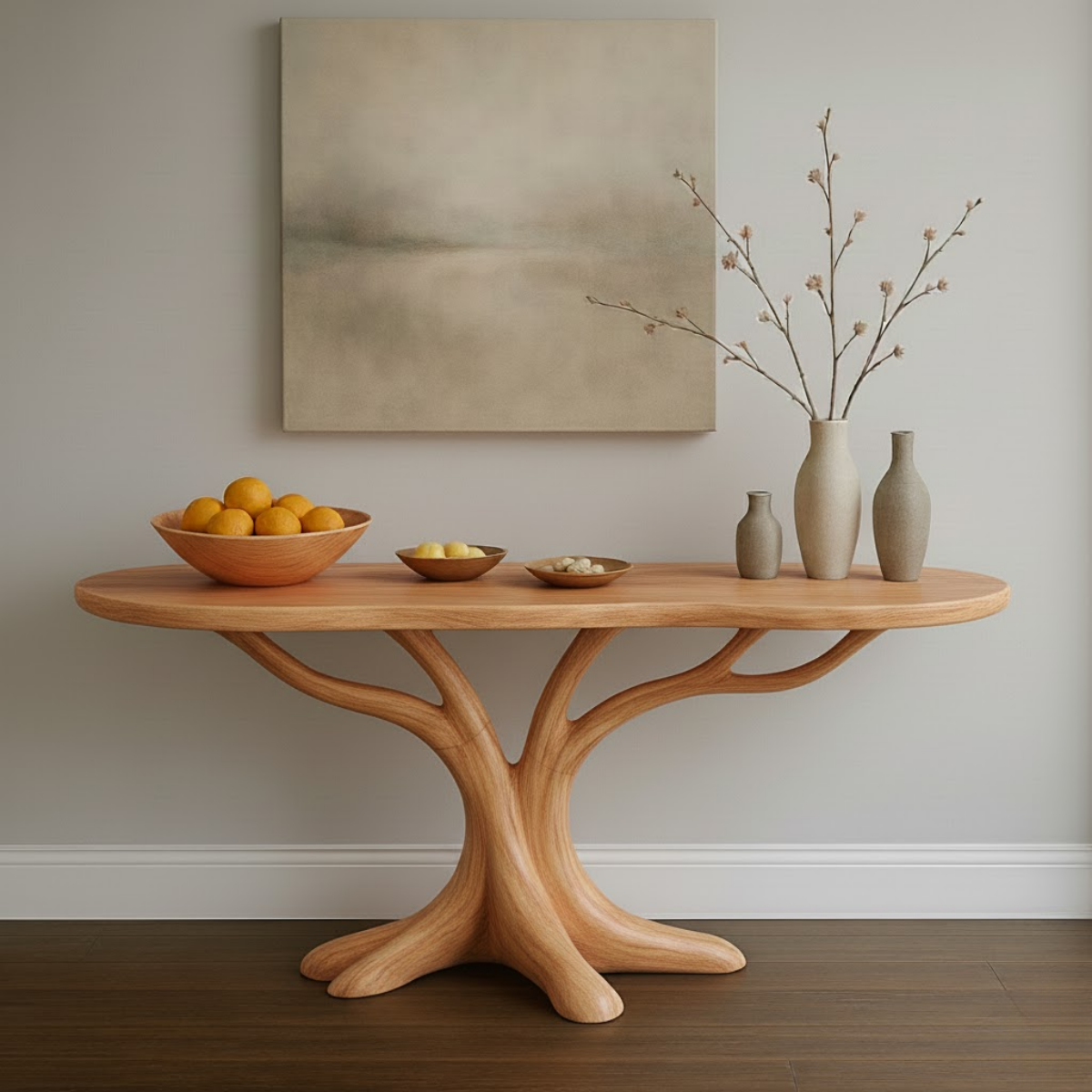 Hand-Carved Solid Wood Console Table in Branching Tree-Form Design