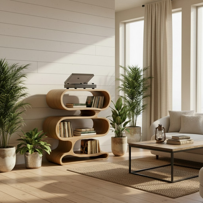 Organic Loop-Form Solid Wood Turntable Cabinet with Layered Vinyl Storage