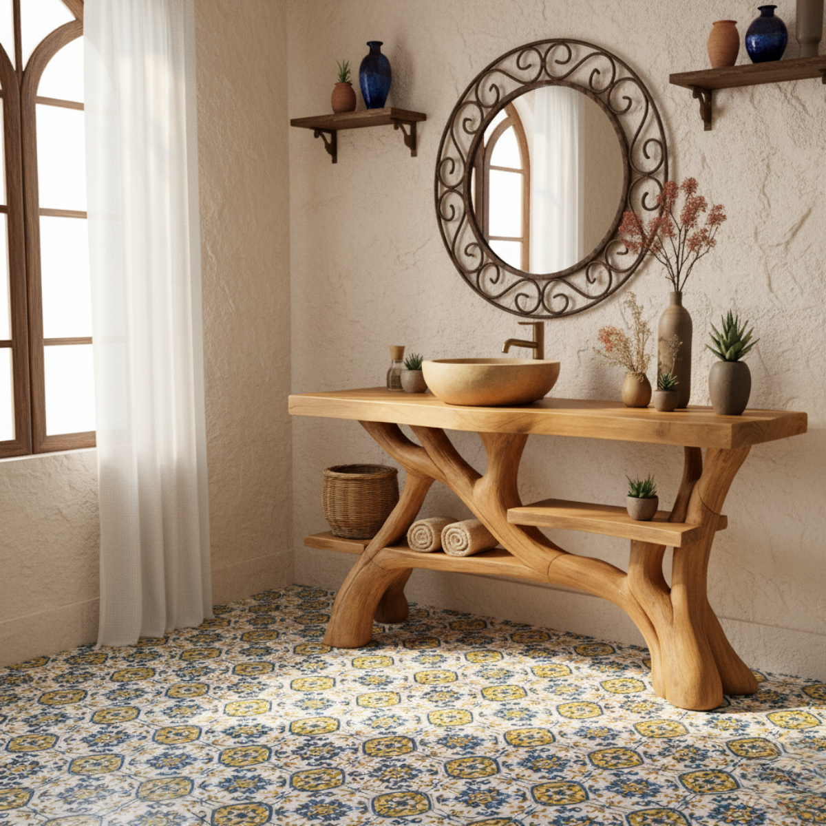 Organic Modern Solid Wood Bathroom Vanity with Hand-Sculpted Tree-Branch Base