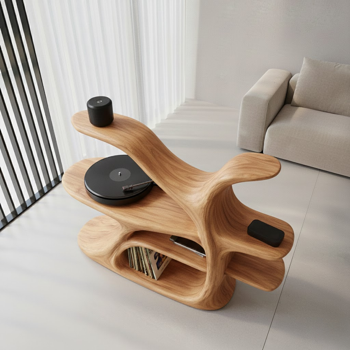 Organic Sculptural Turntable Console in Branch-Flow Solid Wood Design