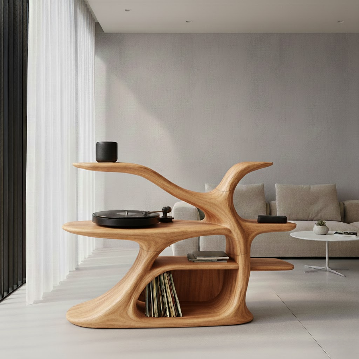 Organic Sculptural Turntable Console in Branch-Flow Solid Wood Design