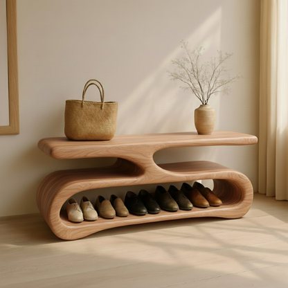 Organic Flow Shoe Bench in Solid Wood – Sculptural Entryway Storage