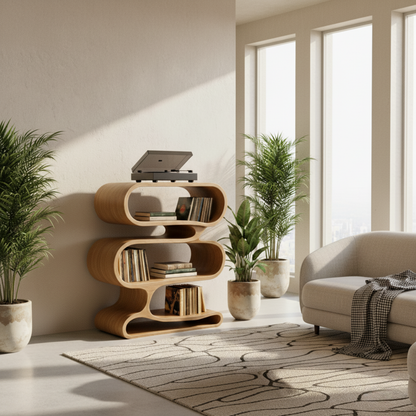 Organic Loop-Form Solid Wood Turntable Cabinet with Layered Vinyl Storage