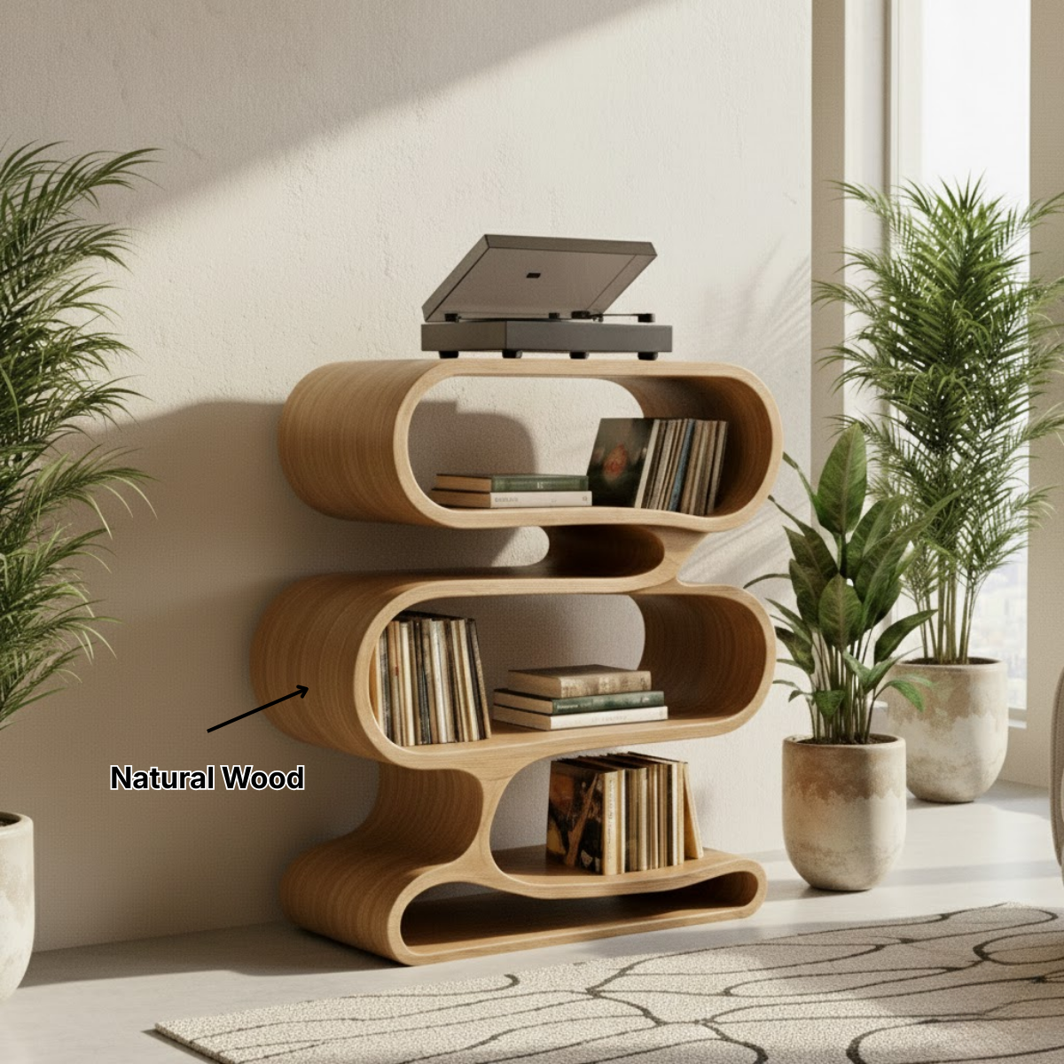 Organic Loop-Form Solid Wood Turntable Cabinet with Layered Vinyl Storage