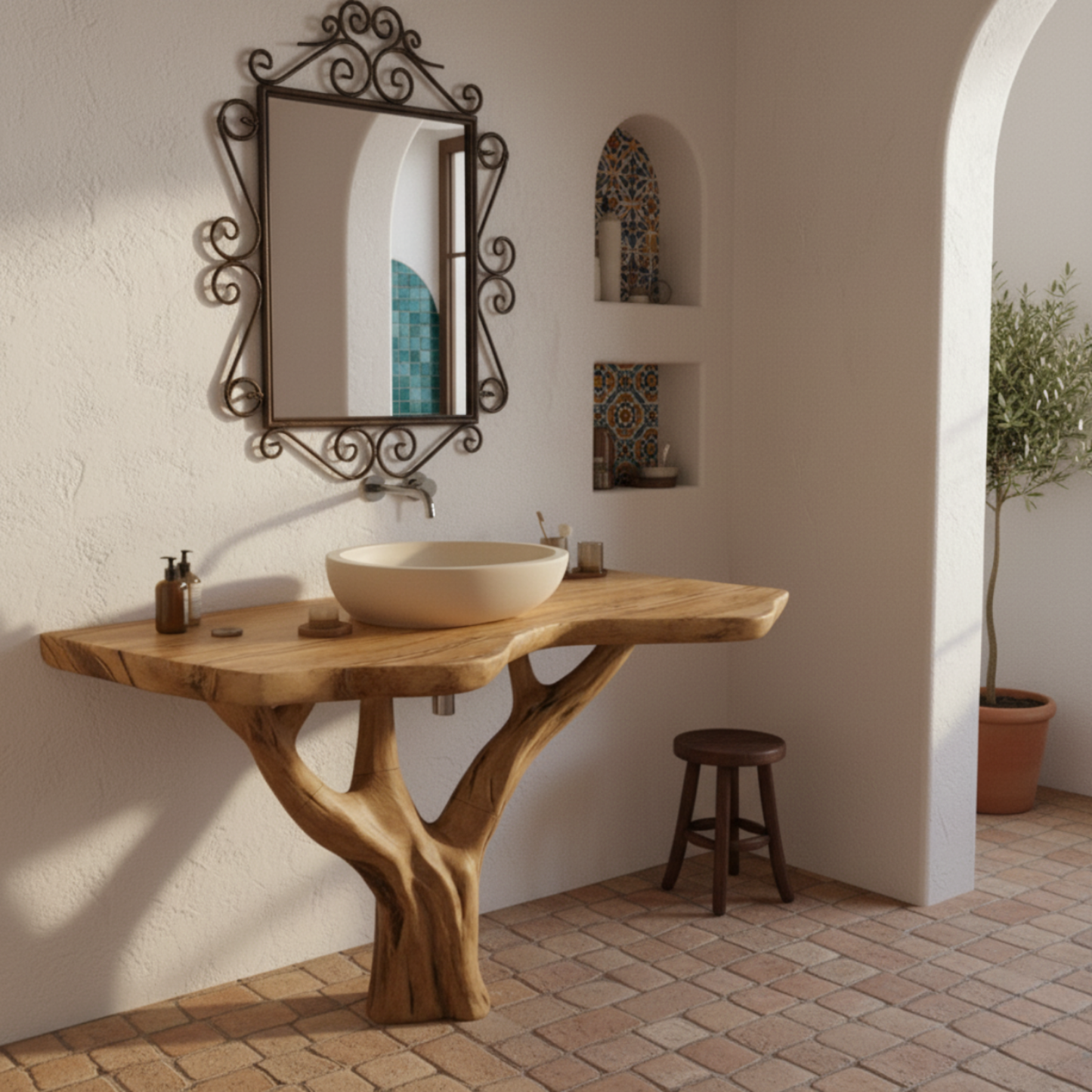 Organic Modern Solid Wood Bathroom Vanity with Live-Edge Top and Sculpted Tree-Trunk Base