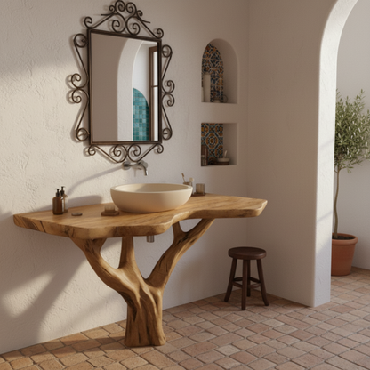 Organic Modern Solid Wood Bathroom Vanity with Live-Edge Top and Sculpted Tree-Trunk Base