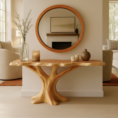 Organic Modern Solid Wood Console Table with Sculpted Tree-Trunk Base and Live-Edge Top