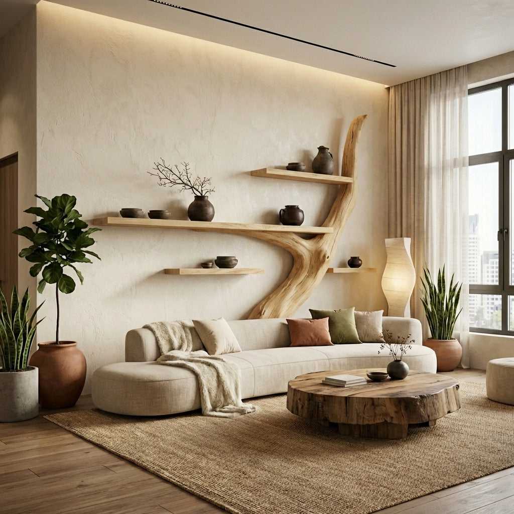 Japandi Tree Trunk Wall Shelves – Handcrafted Luxury Wood Art