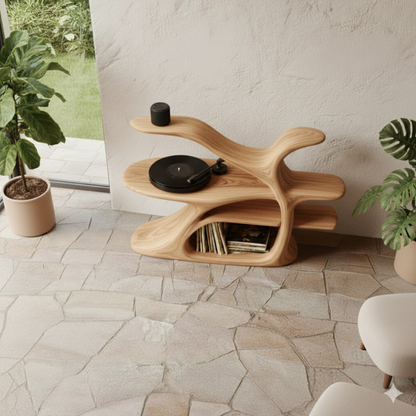 Organic Sculptural Turntable Console in Branch-Flow Solid Wood Design