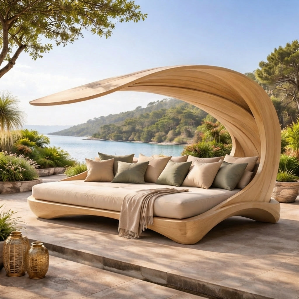 Sculptural Outdoor Wooden Daybed with Flowing Canopy