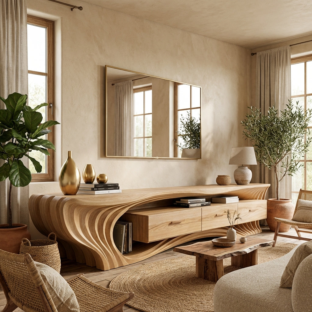 Sculptural Wave Solid Wood TV Console – A Statement of Architectural Luxury