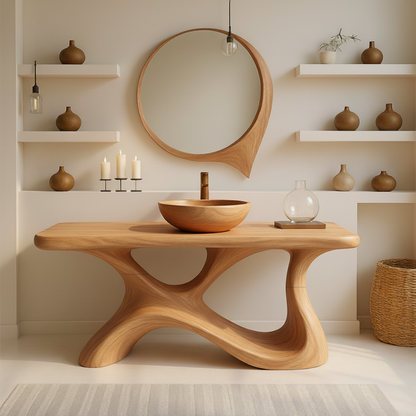 Organic Modern Solid Wood Bathroom Vanity with Sculpted Fluid-Form Base