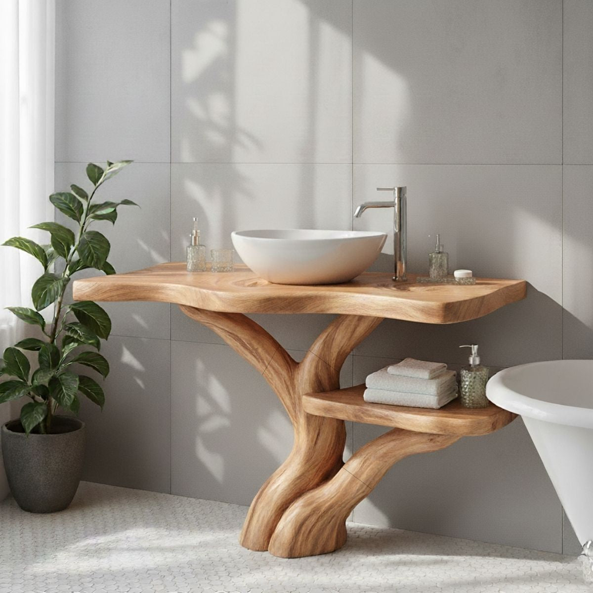Organic Modern Solid Wood Bathroom Vanity with Tree-Trunk Sculpted Base and Live-Edge Shelf