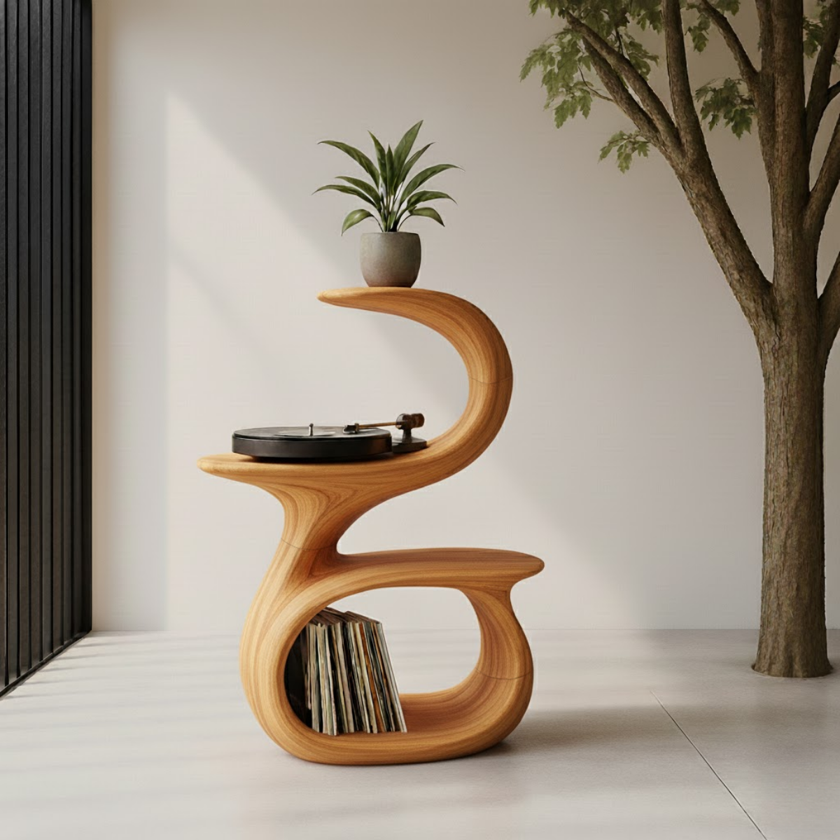 S-Curve Sculpted Solid Wood Turntable Cabinet with Integrated Vinyl Storage