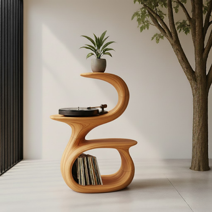 S-Curve Sculpted Solid Wood Turntable Cabinet with Integrated Vinyl Storage