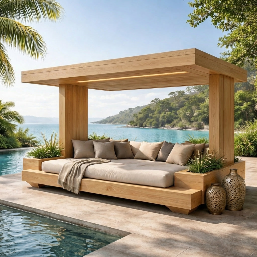 Sculptural Outdoor Wooden Daybed with Flowing Canopy