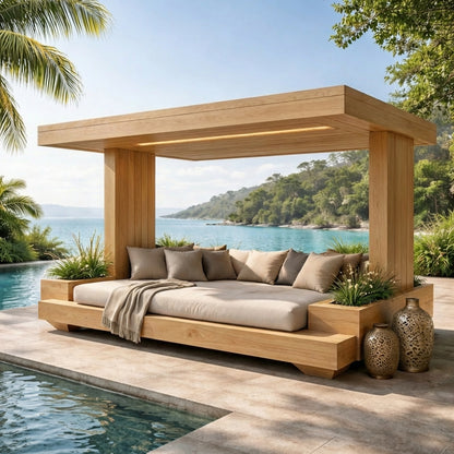 Sculptural Outdoor Wooden Daybed with Flowing Canopy