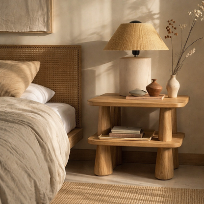 Handcrafted Solid Wood Side Table - Luxurious Bedside Table With Sculpted Trapezoid Design