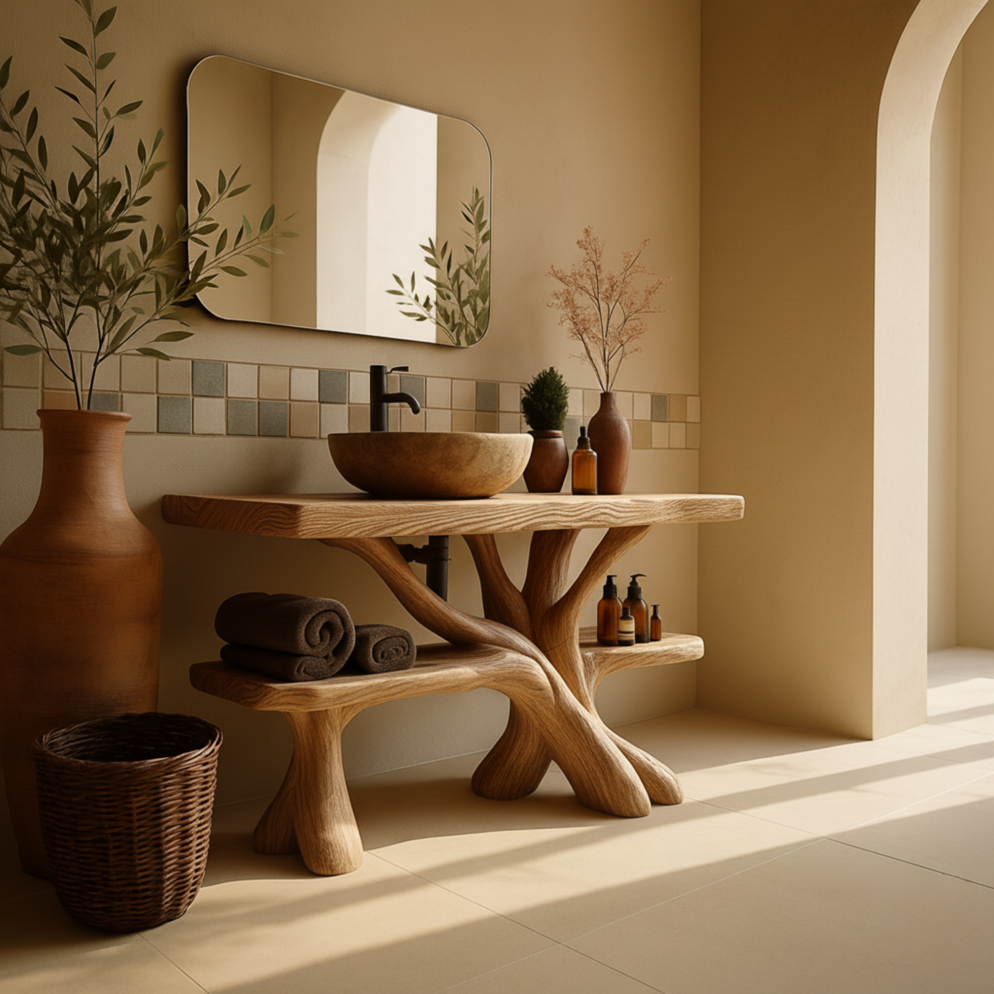 Rustic Luxury Wood Bathroom Vanity with Tree-Root Design