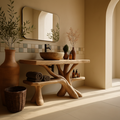 Rustic Luxury Wood Bathroom Vanity with Tree-Root Design
