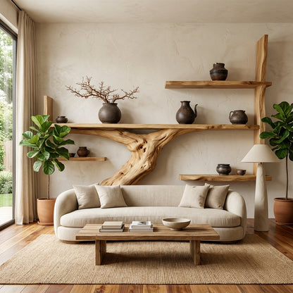 Japandi Sculptural Tree Trunk Shelves for Luxury Interiors