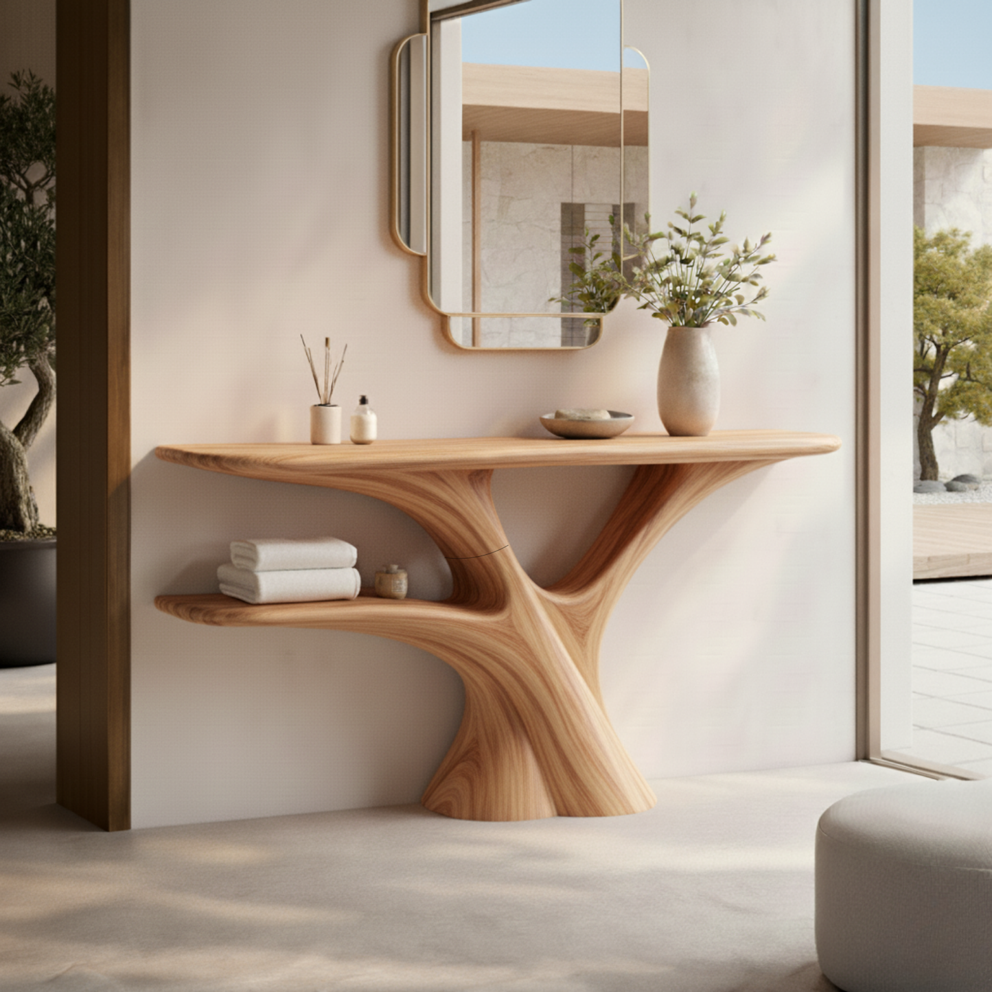Handmade Live Edge Wood Console Table – Rustic Sculpture Table with Tree Base