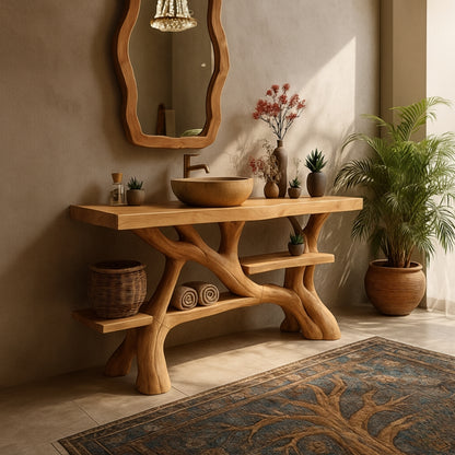 Organic Modern Solid Wood Bathroom Vanity with Hand-Sculpted Tree-Branch Base