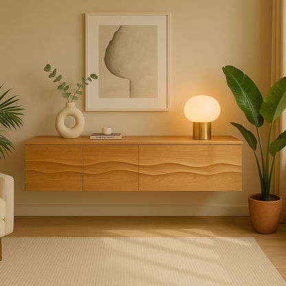 Solid-Wood Floating Sideboard with 3D Wave Texture