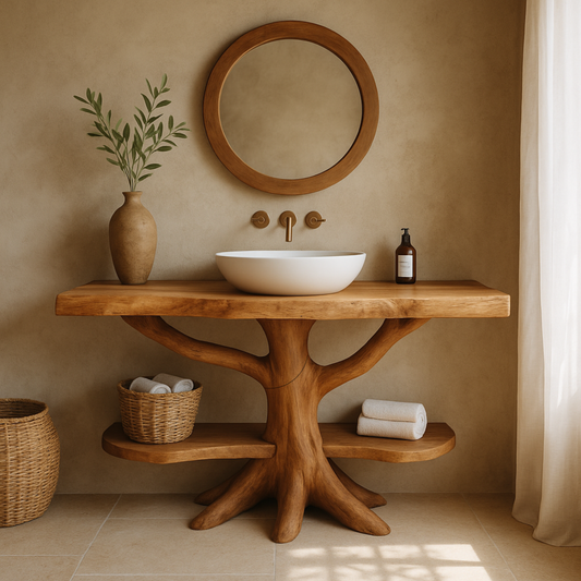 Handcrafted Solid Wood Vanity with Root Base & Shelves