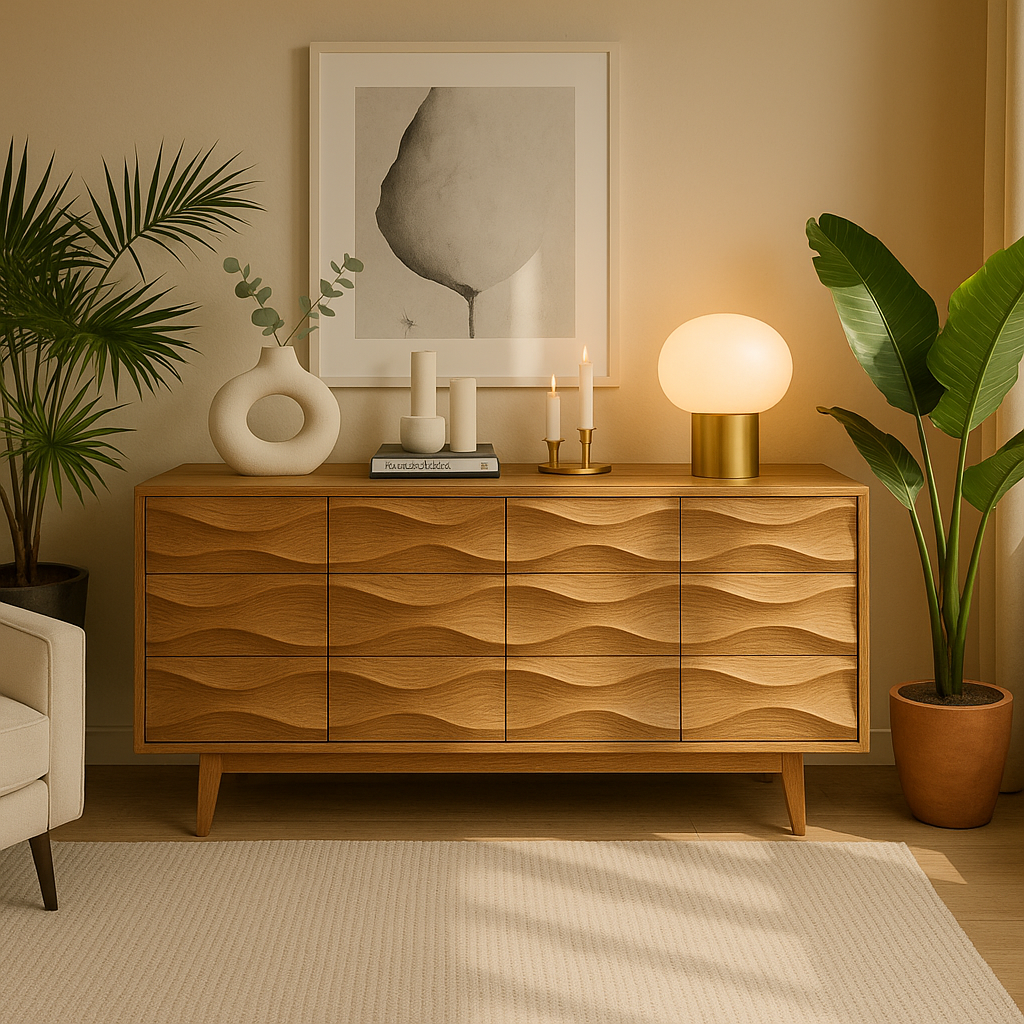 Modern Solid-Wood Sideboard with 3D Wave Doors