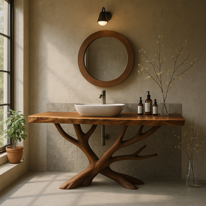 Handcrafted Solid Wood Bathroom Vanity with Sculptural Branch Base
