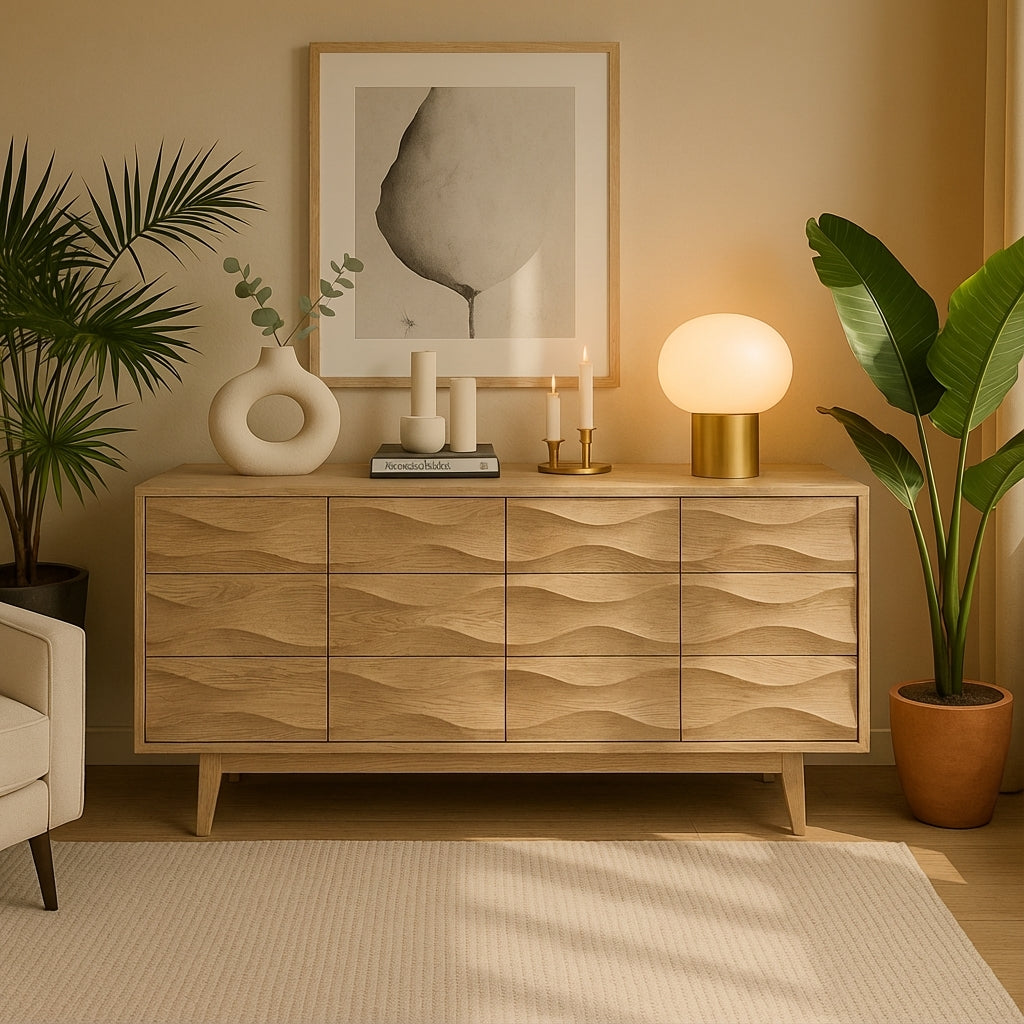 Modern Solid-Wood Sideboard with 3D Wave Doors