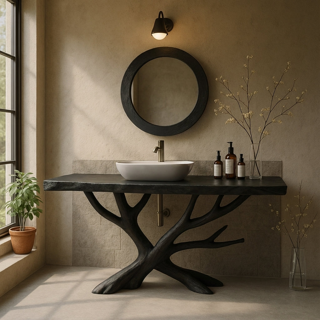 Handcrafted Solid Wood Bathroom Vanity with Sculptural Branch Base