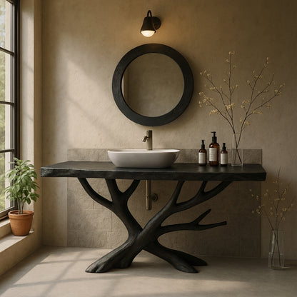Handcrafted Solid Wood Bathroom Vanity with Sculptural Branch Base