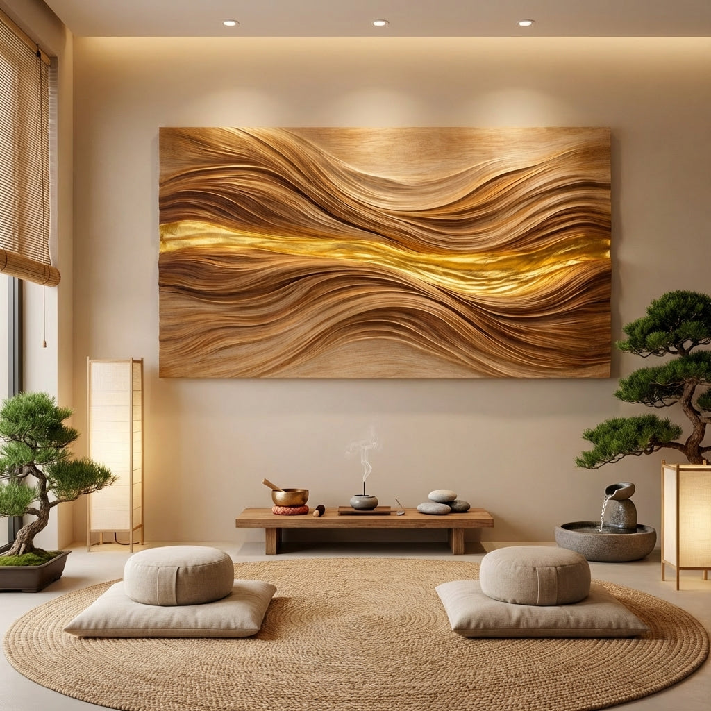 Luxury Sculptural Wooden Wall Art with Gold Inlay – Handcrafted 3D Wall Sculpture