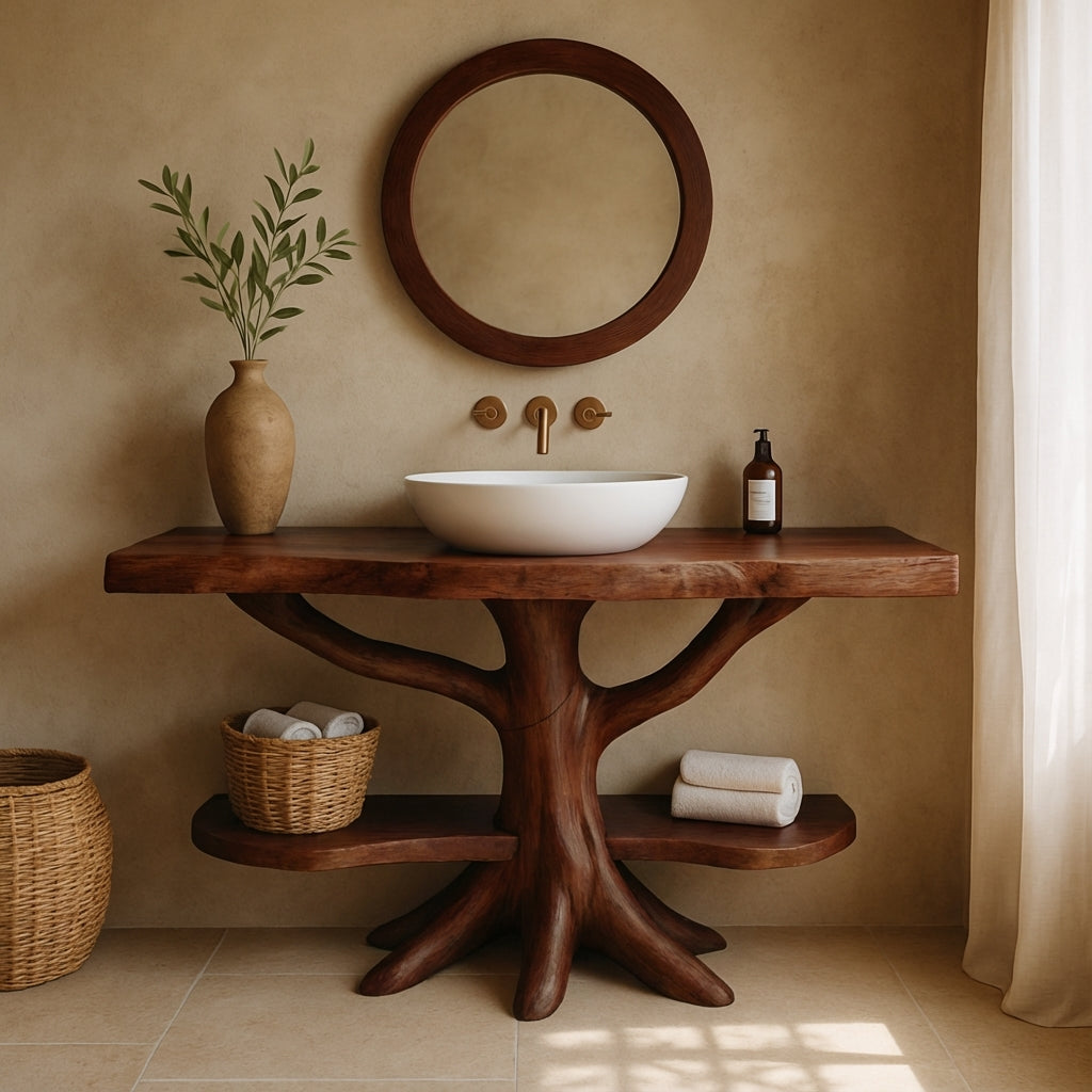 Handcrafted Solid Wood Vanity with Root Base & Shelves