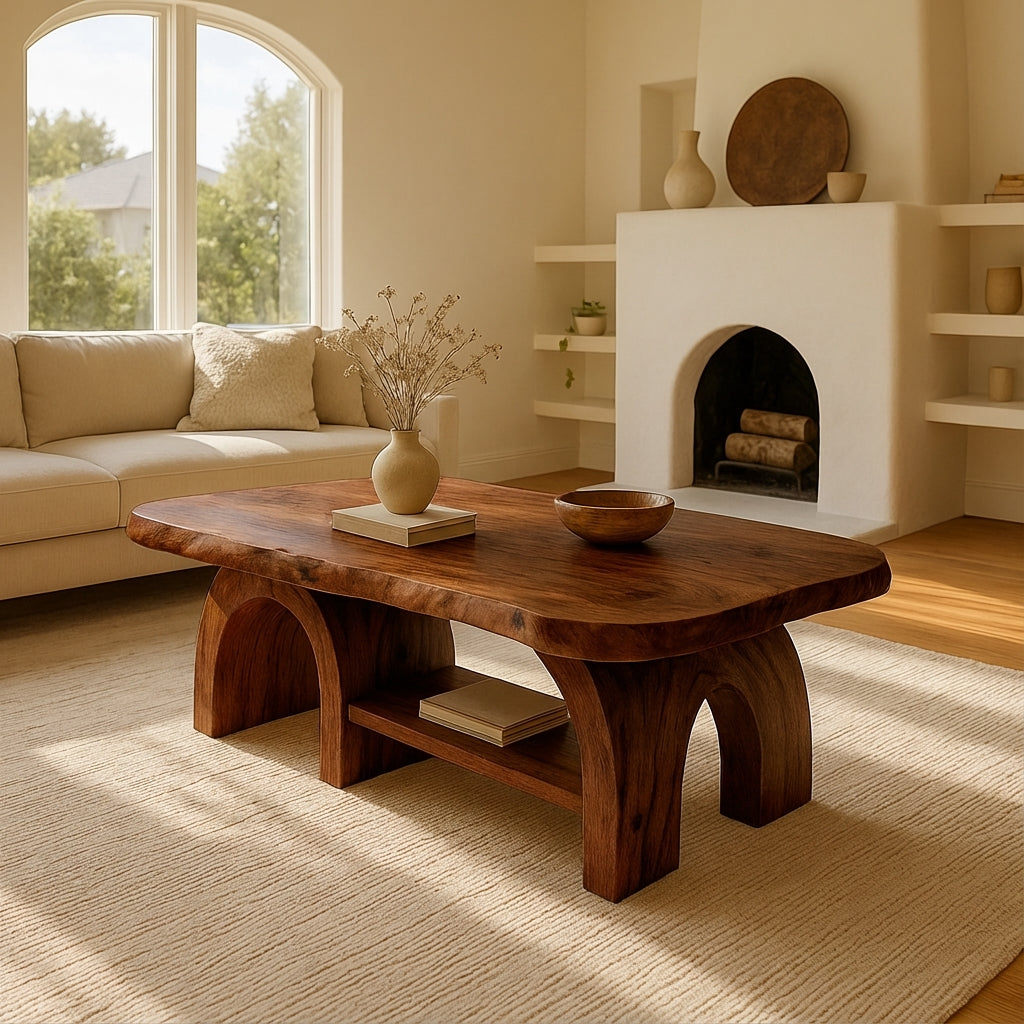Handcrafted Solid Wood Coffee Table with Sculpted Arch Base