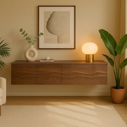 Solid-Wood Floating Sideboard with 3D Wave Texture