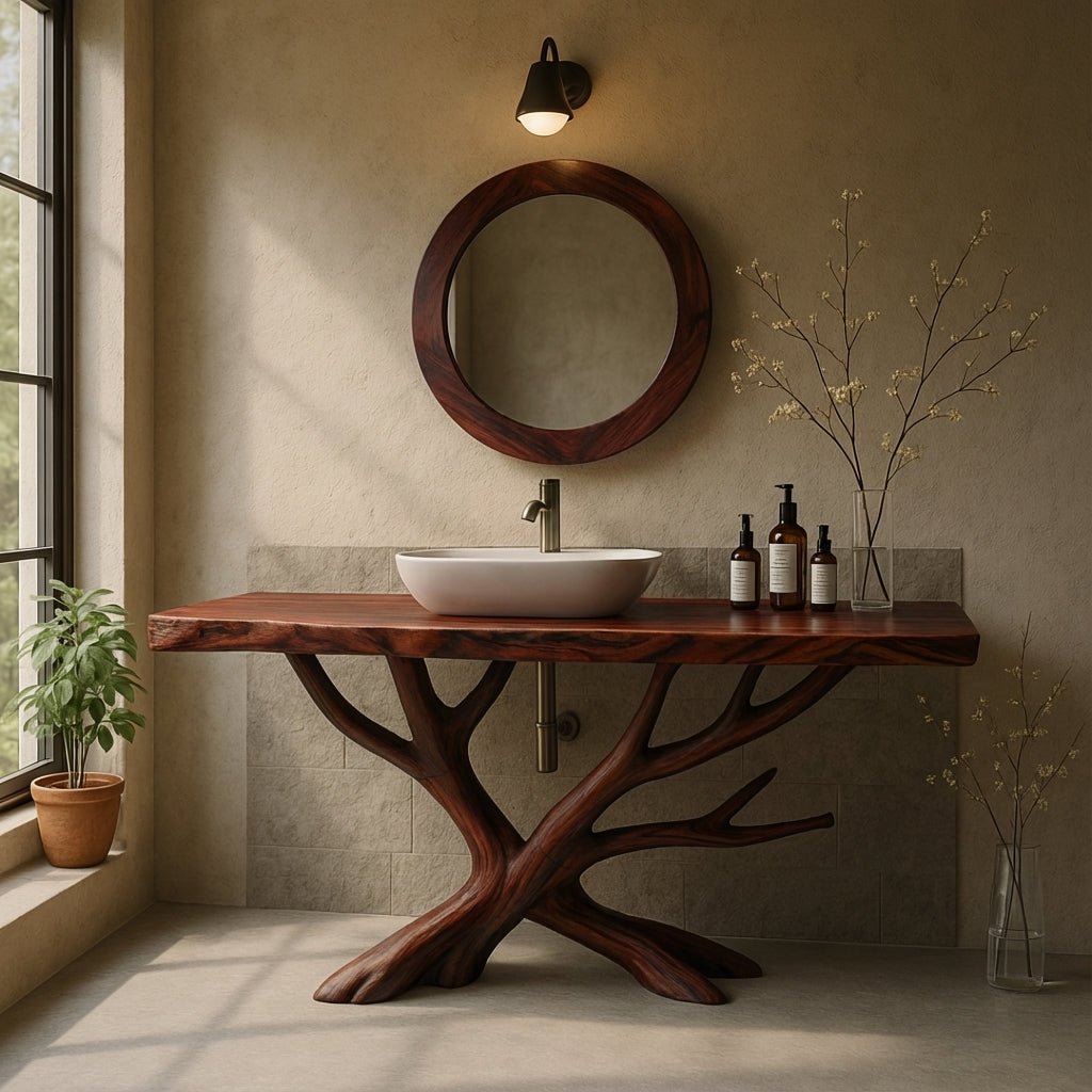 Handcrafted Solid Wood Bathroom Vanity with Sculptural Branch Base