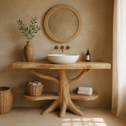 Handcrafted Solid Wood Vanity with Root Base & Shelves