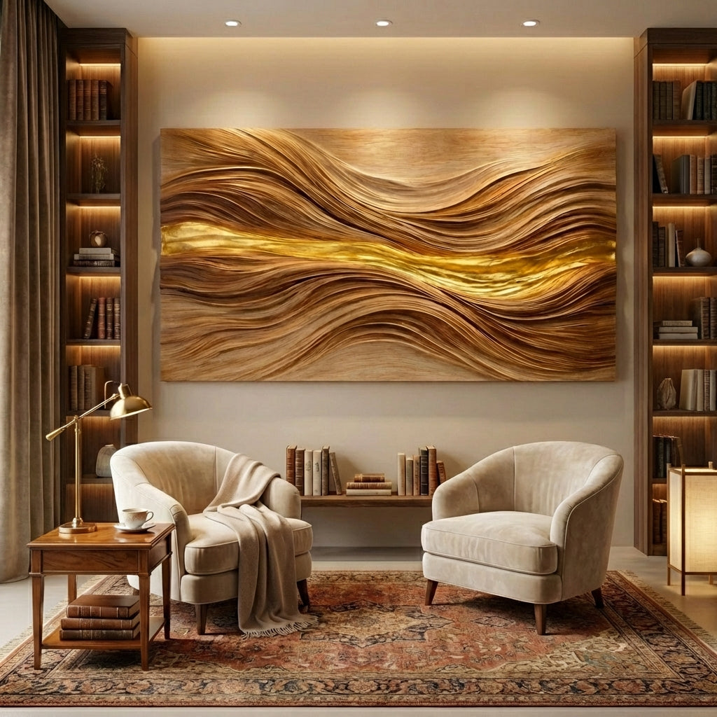 Luxury Sculptural Wooden Wall Art with Gold Inlay – Handcrafted 3D Wall Sculpture