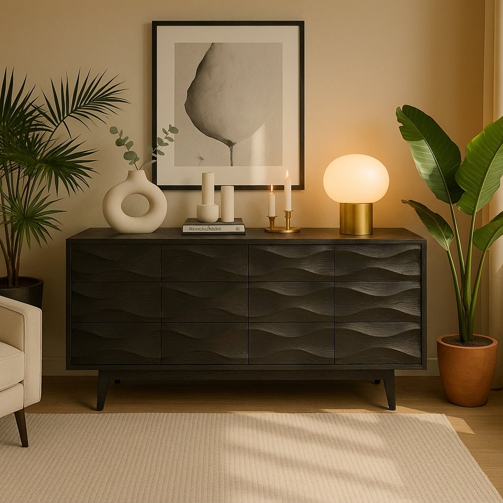 Modern Solid-Wood Sideboard with 3D Wave Doors