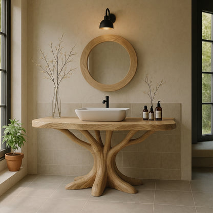 Organic Tree-Root Solid Wood Bathroom Vanity – Luxury Handcrafted Design