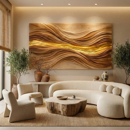 Luxury Sculptural Wooden Wall Art with Gold Inlay – Handcrafted 3D Wall Sculpture