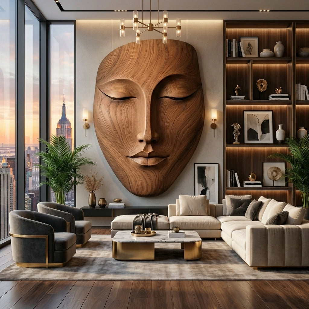 Hand-Carved Wooden Face Wall Sculpture – Luxury Sculptural Wall Art