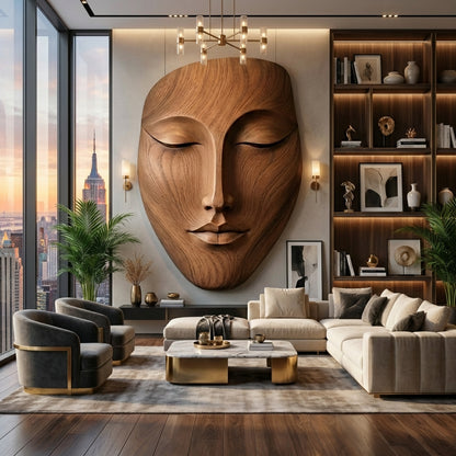 Hand-Carved Wooden Face Wall Sculpture – Luxury Sculptural Wall Art
